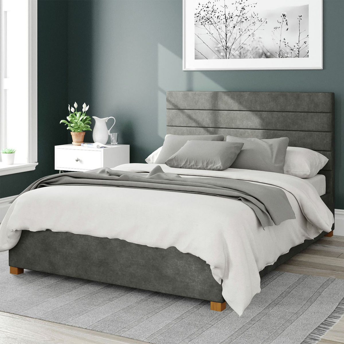Aspire Kelly Linen Double Ottoman Bedframe in granite finish - British product