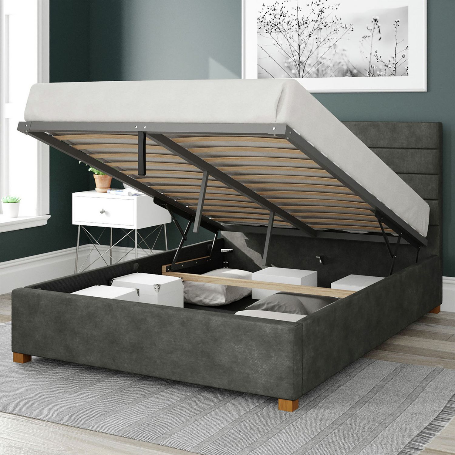 Aspire Kelly Linen Double Ottoman Bedframe in granite finish - British product