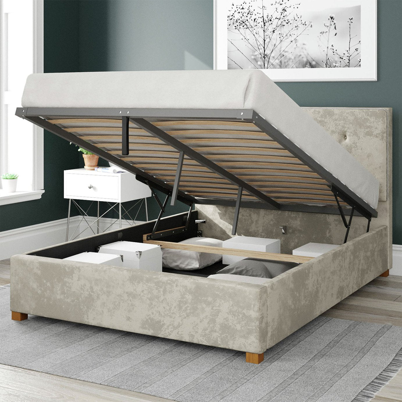 Aspire Velvet Ottoman Bedframe in Pearl Superking - British product