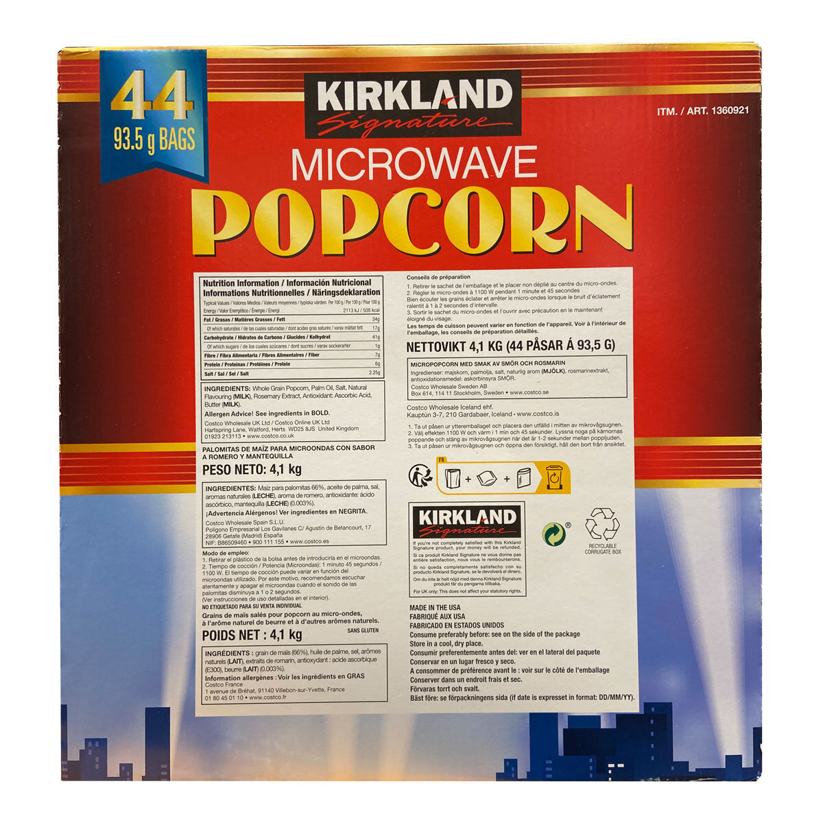 Kirkland Signature microwave popcorn 44 x 93g, UK version