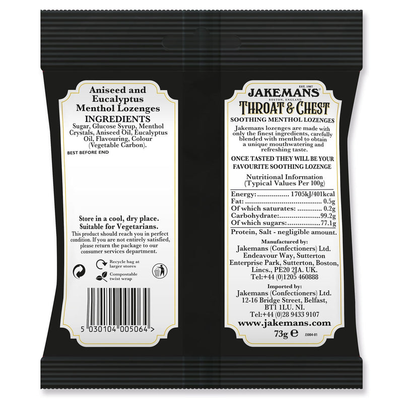 Jakemans Throat & Chest Lozenges Menthol 12 x 73g, UK version