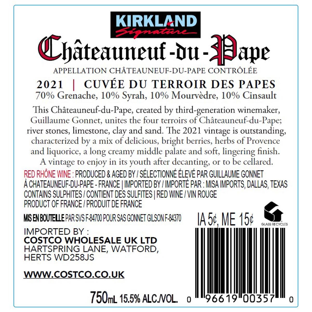 Kirkland Signature red wine 2024 vintage 75cl (British brand)