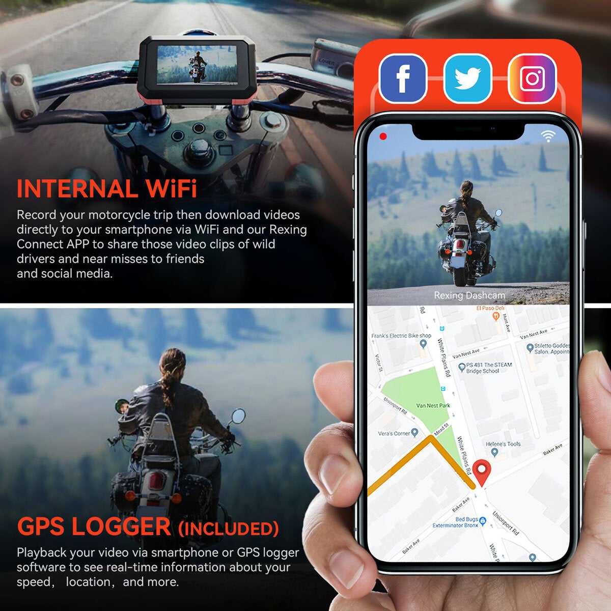 Rexing MTC1 Dual Camera Motorcycle Dash Cam, imported from the UK