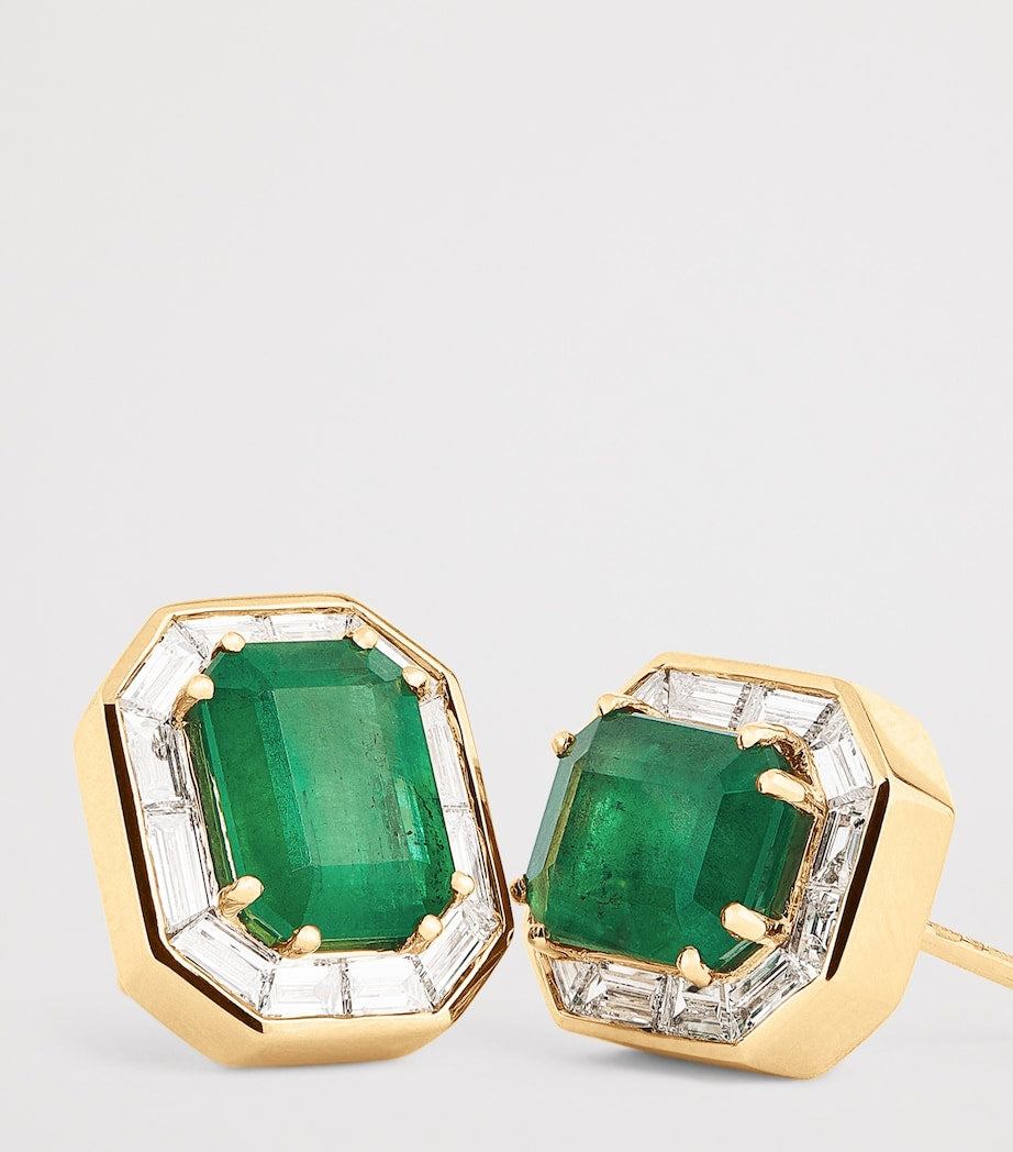 SHAY yellow gold emerald diamond halo earrings, imported from the UK