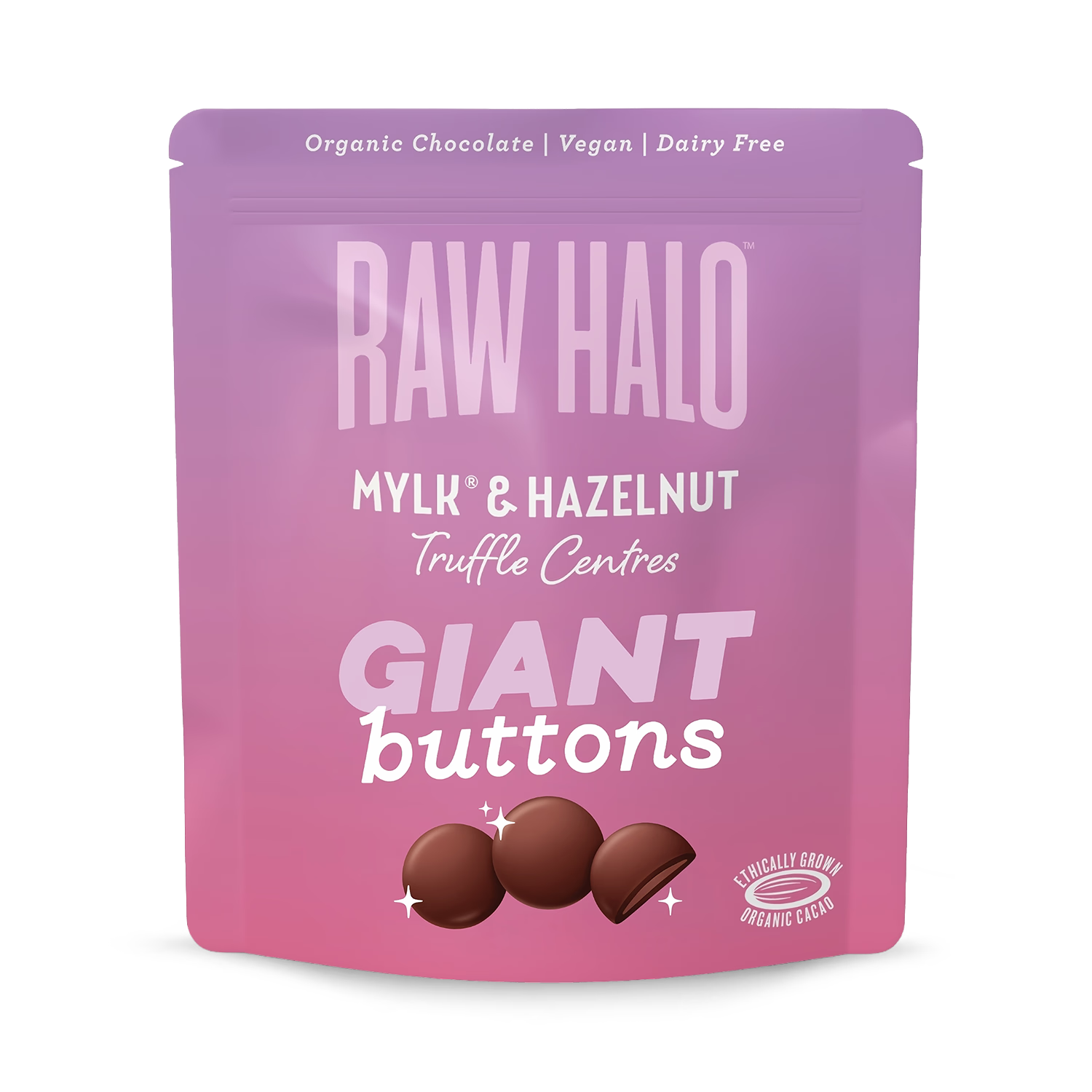 Raw Halo giant chocolate buttons Mylk & Hazelnut 90g British product