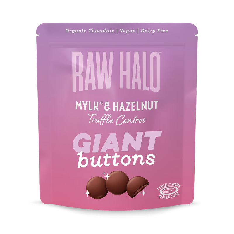 Raw Halo giant chocolate buttons Mylk & Hazelnut 90g British product