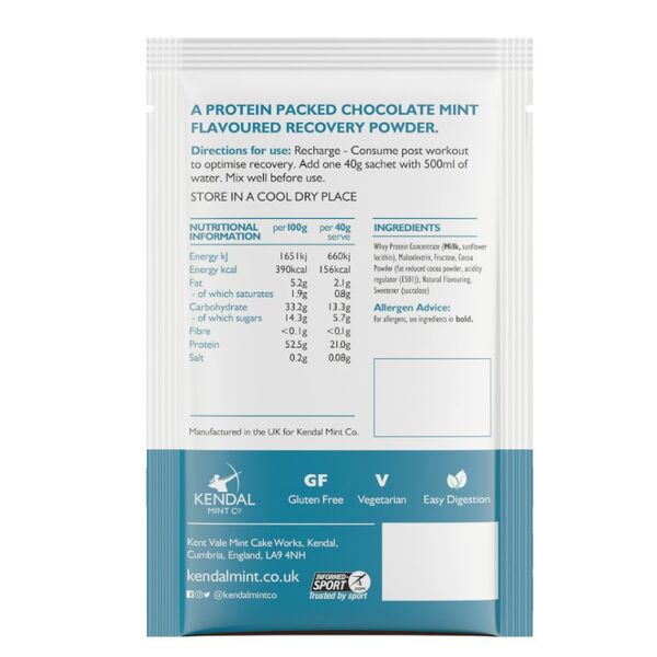 KMC whey protein powder Chocolate Mint 12x40g, imported from the UK