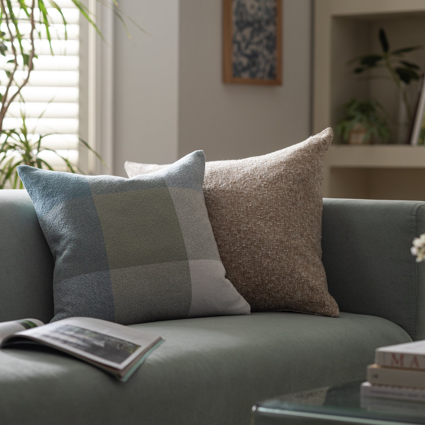 Habitat gingham check cushion sage green 43x43cm, UK version