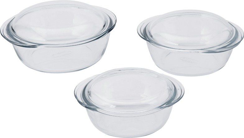 Pyrex 3 piece clear casserole set, imported from the UK