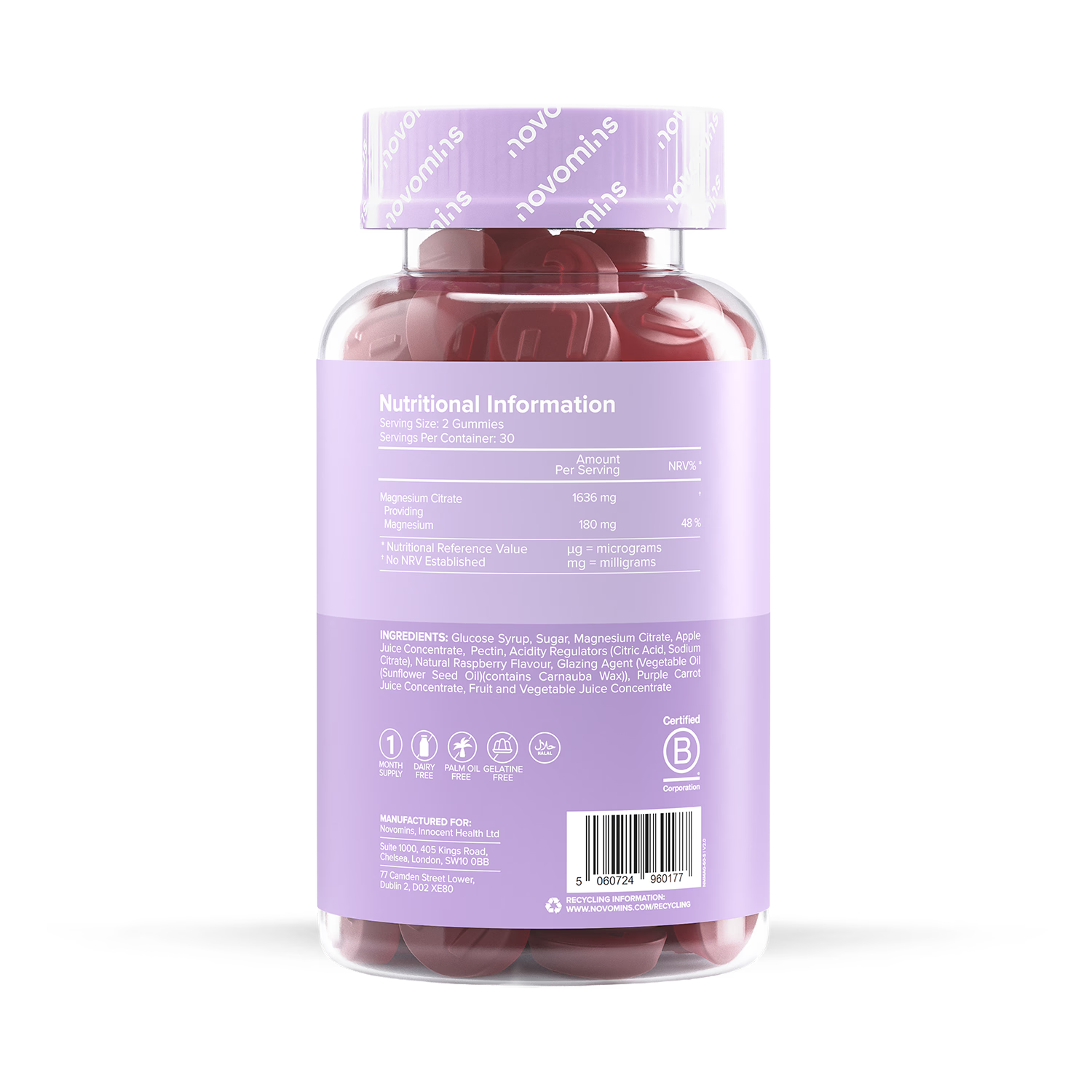 Novomins magnesium raspberry gummies 60 pack, imported from the UK