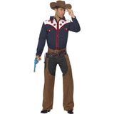 Smiffys rodeo cowboy costume with blue shirt chaps and hat, imported from the UK