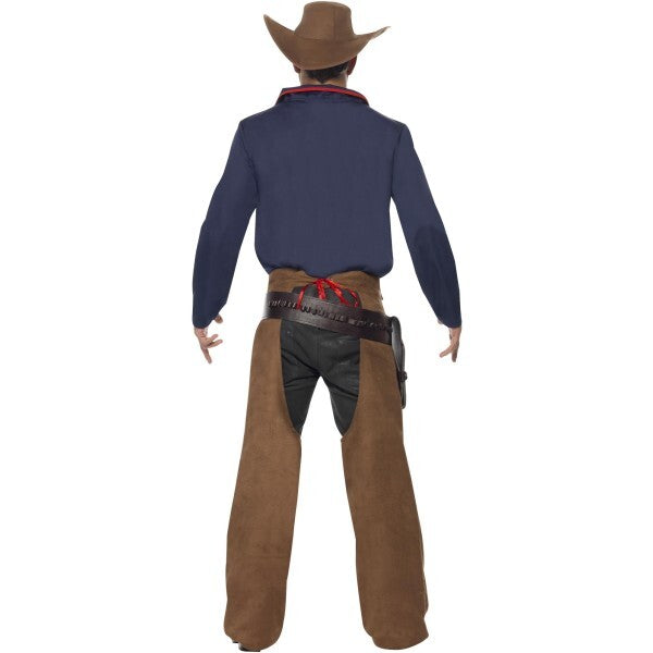 Smiffys rodeo cowboy costume with blue shirt chaps and hat, imported from the UK