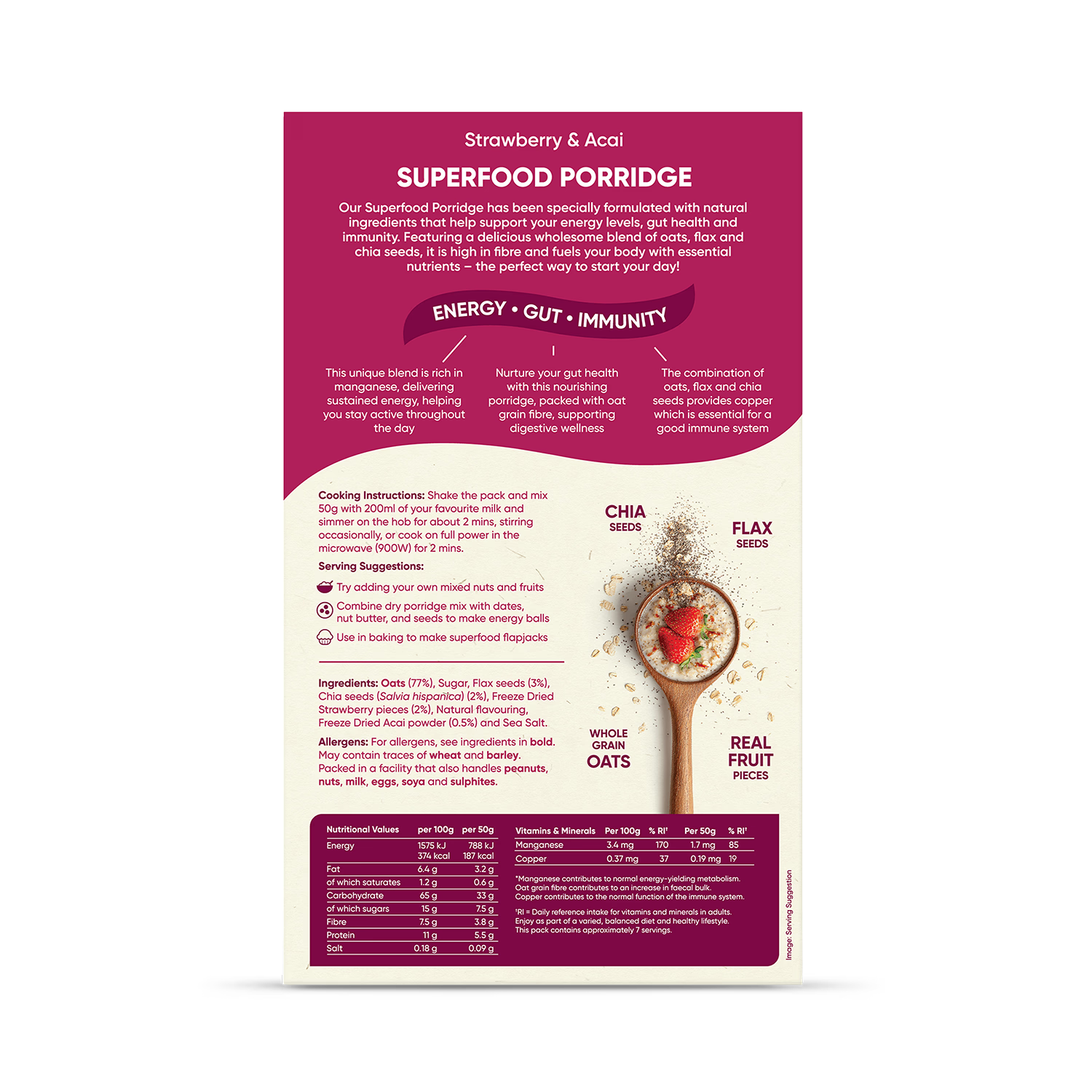 Naturya porridge Strawberry & Acai 375g, imported from the UK
