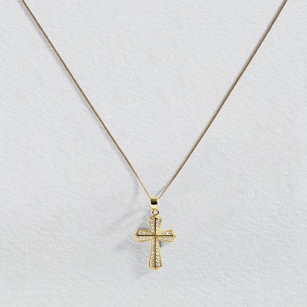 Revere 9ct yellow gold cubic zirconia cross pendant necklace - British product