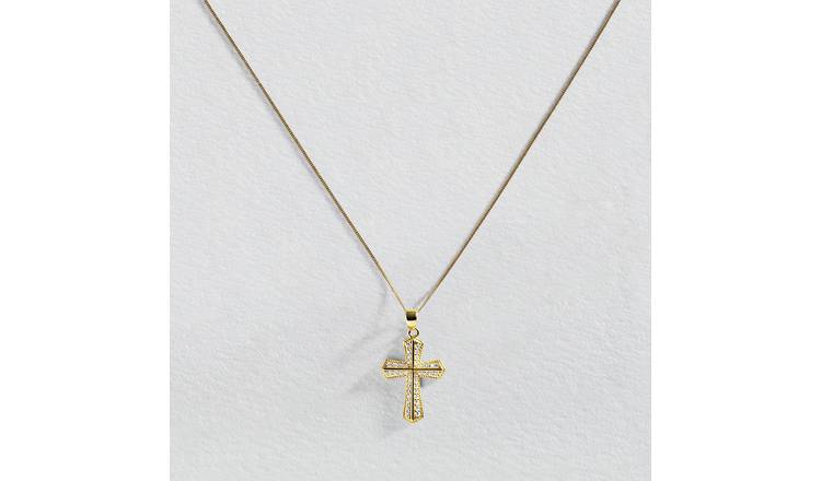 Revere 9ct yellow gold cubic zirconia cross pendant necklace - British product