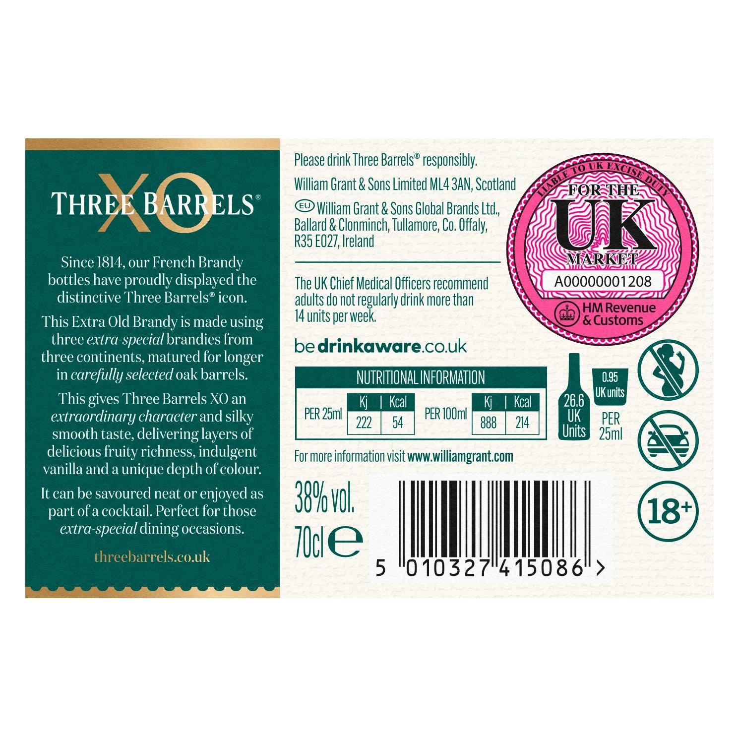 Three Barrels French Brandy XO 70cl (British brand)