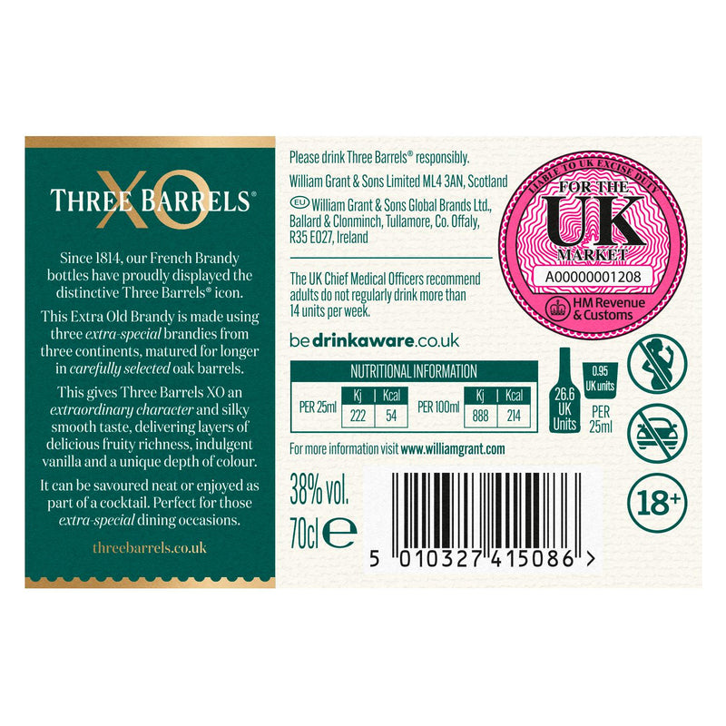 Three Barrels French Brandy XO 70cl (British brand)