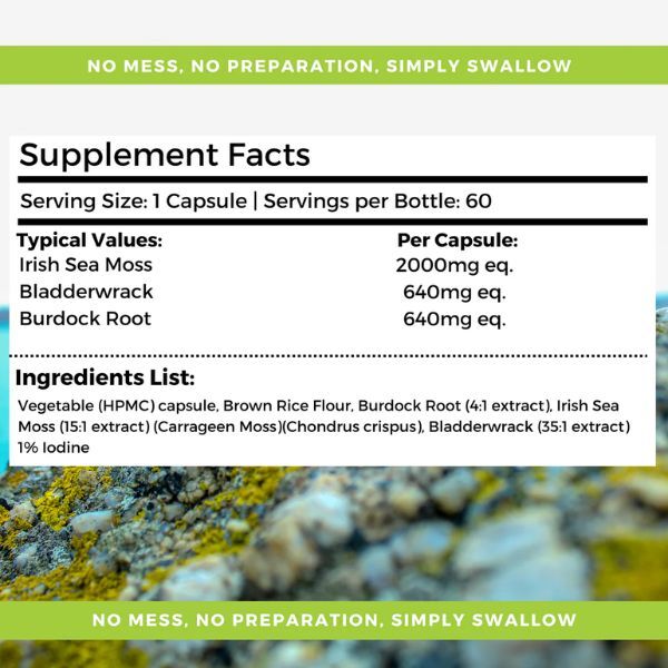 Nutripact sea moss capsules with bladderwrack and burdock root 60 caps, imported from the UK