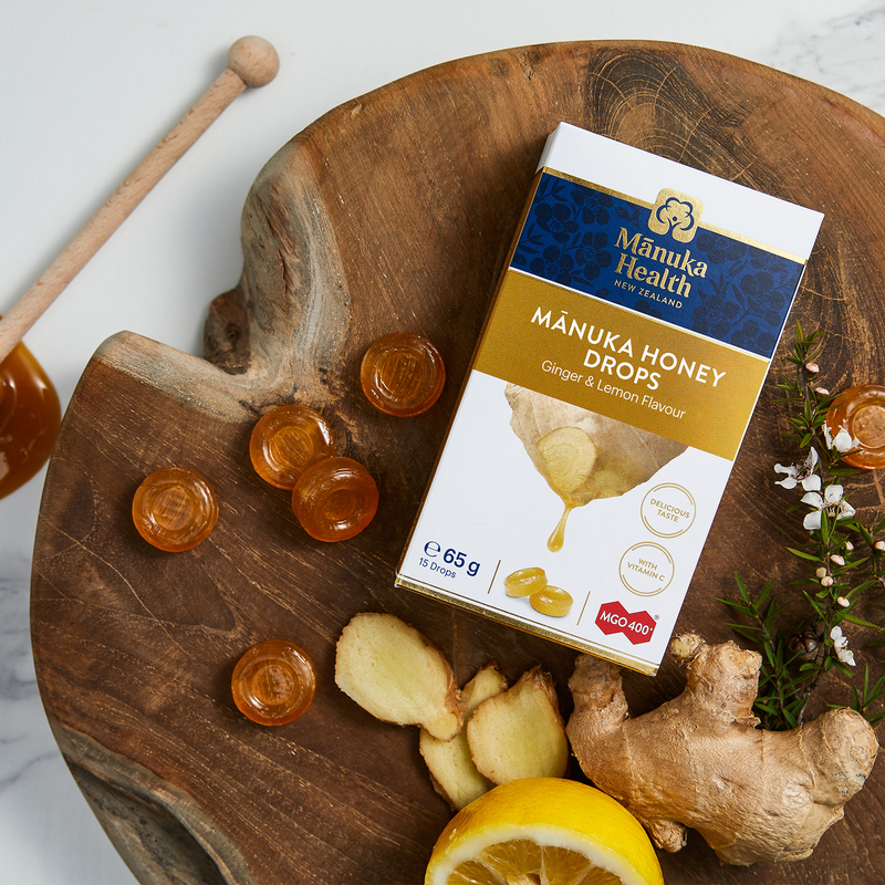 Manuka Health MGO 400+ honey drops ginger lemon 65g, UK version