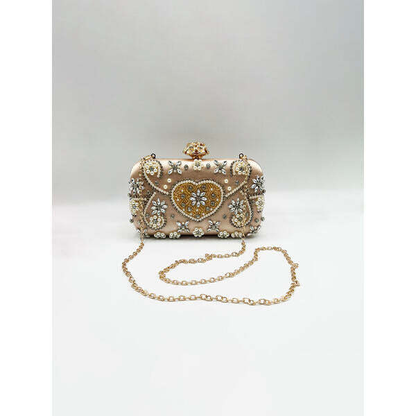 SVNX embellished heart clutch bag gold chain strap, UK version