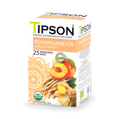 Holland & Barrett Tipson Organic Ashwagandha Ginger Peach Herbal Tea Bags 25- Buy online at McGrocer