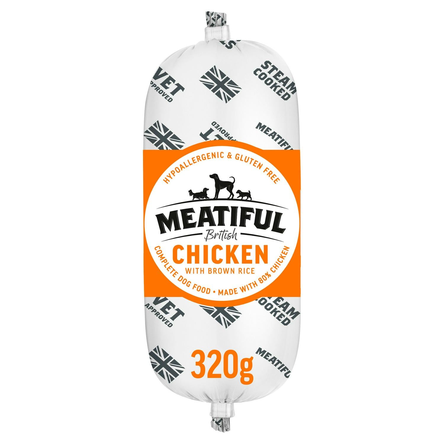 Meatiful chicken brown rice complete dog food 320g, imported from the UK