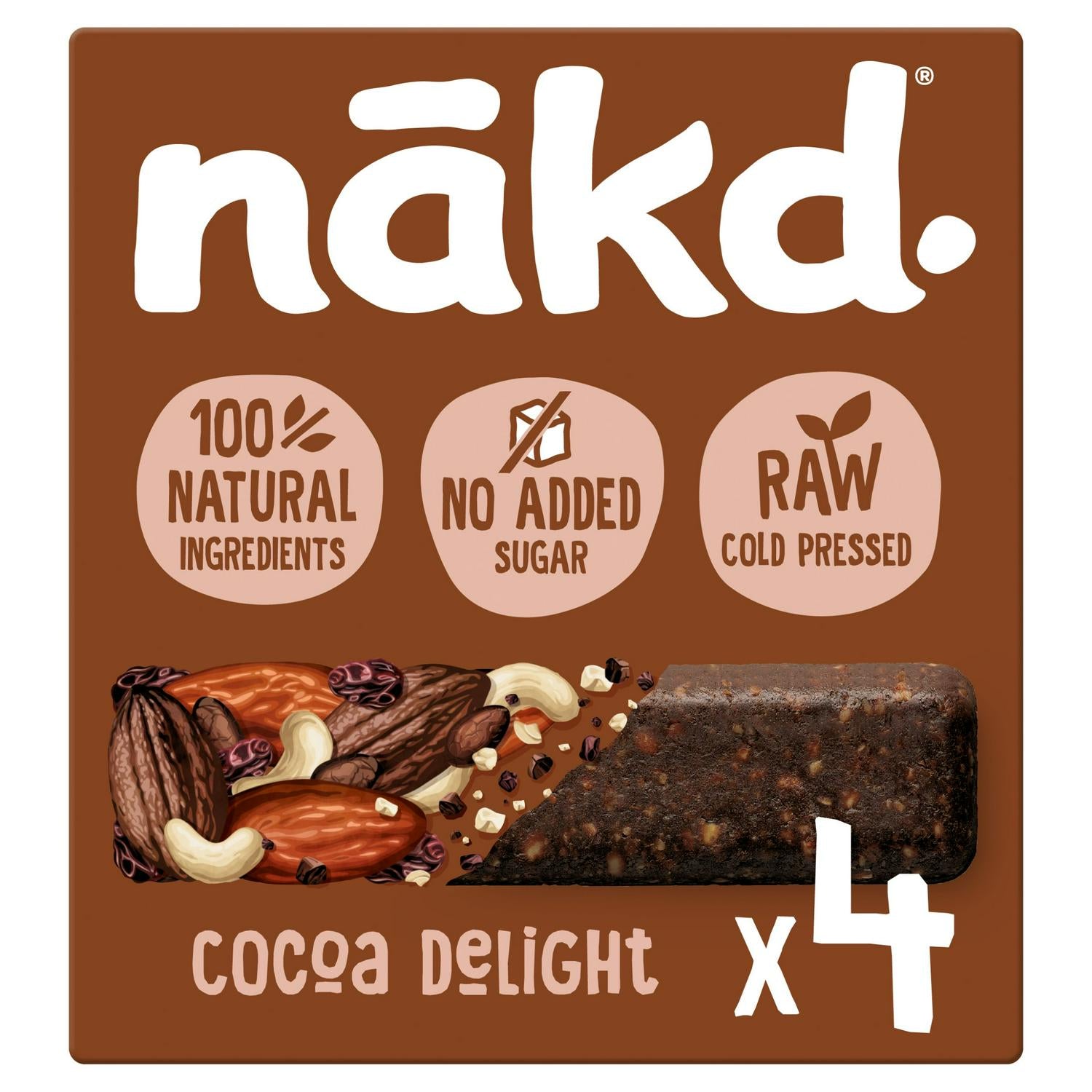 Nakd Cocoa Delight fruit and nut bars 4x35g, imported from the UK