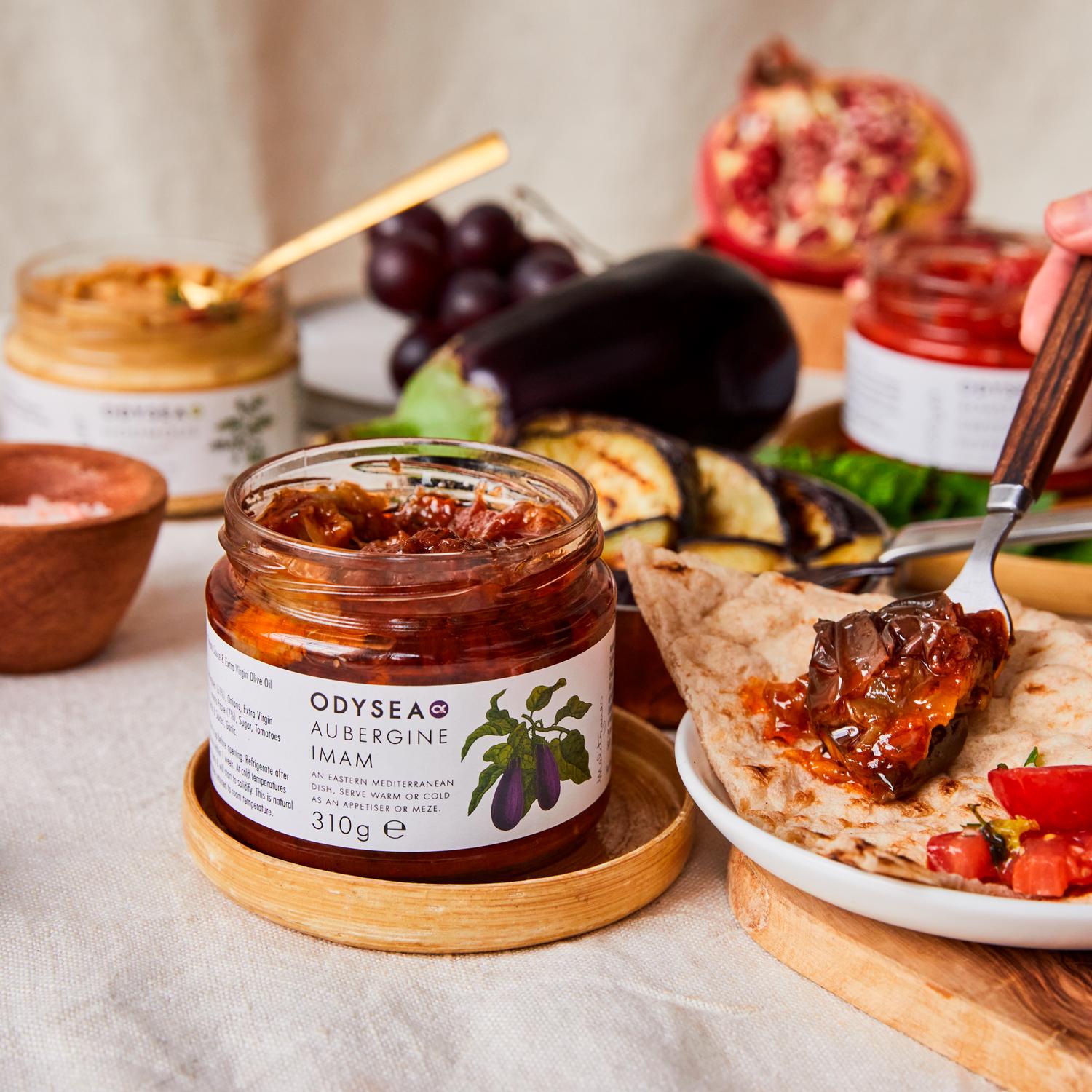 Odysea Aubergine Imam Antipasti 310g jar, imported from the UK