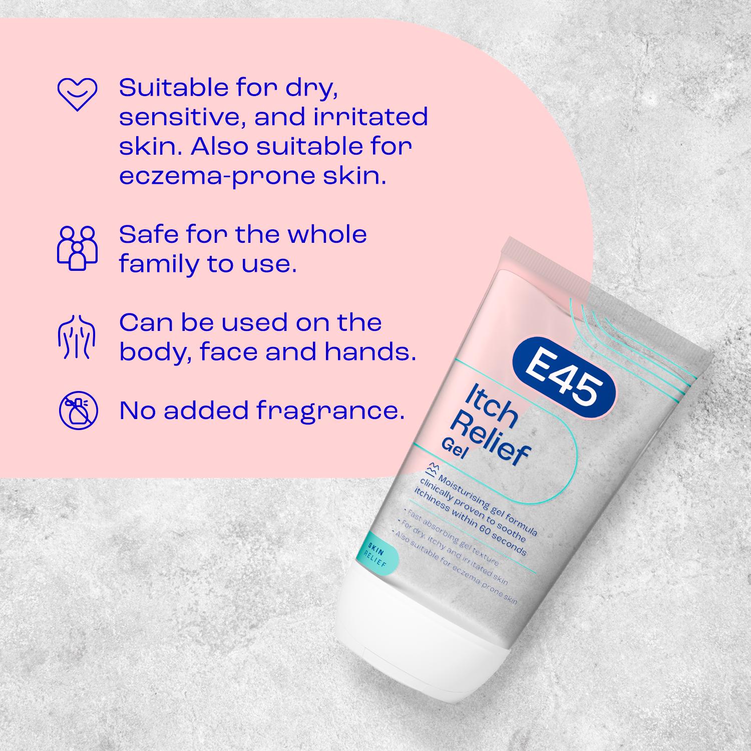 E45 itch relief gel moisturiser 150ml, imported from the UK