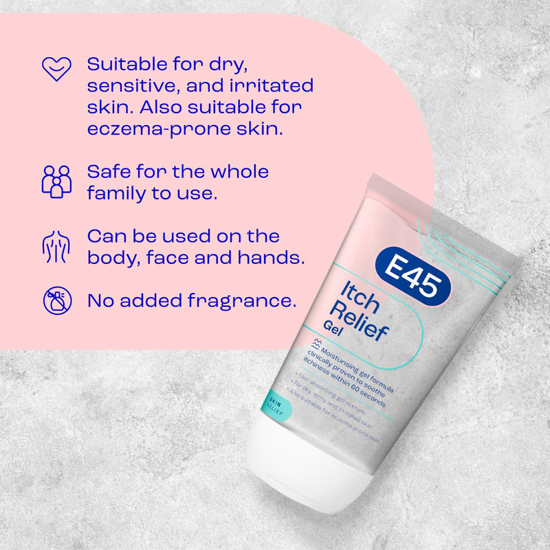 E45 itch relief gel moisturiser 150ml, imported from the UK
