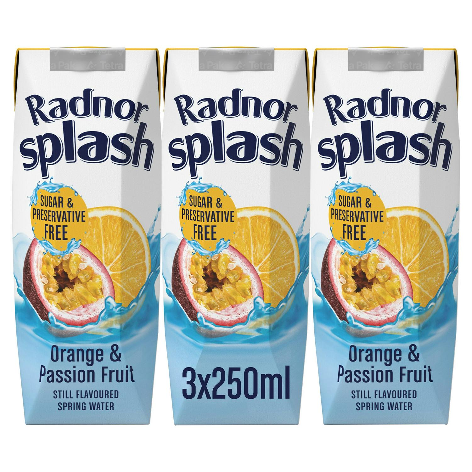 Radnor Splash orange passion fruit flavoured water 3x250ml, imported from the UK