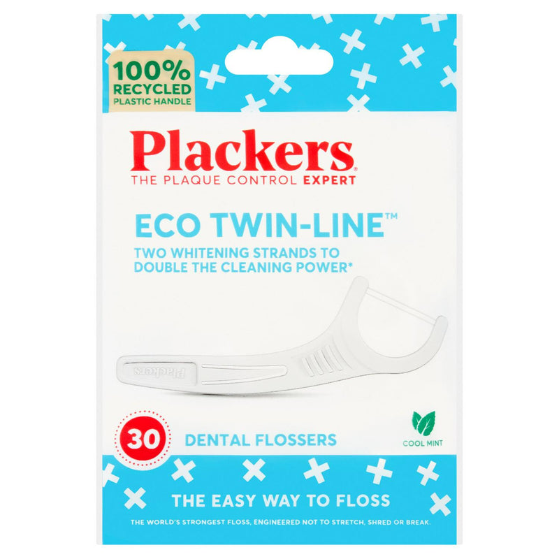 Plackers Eco Twin Line Cool Mint dental flossers x30, imported from the UK
