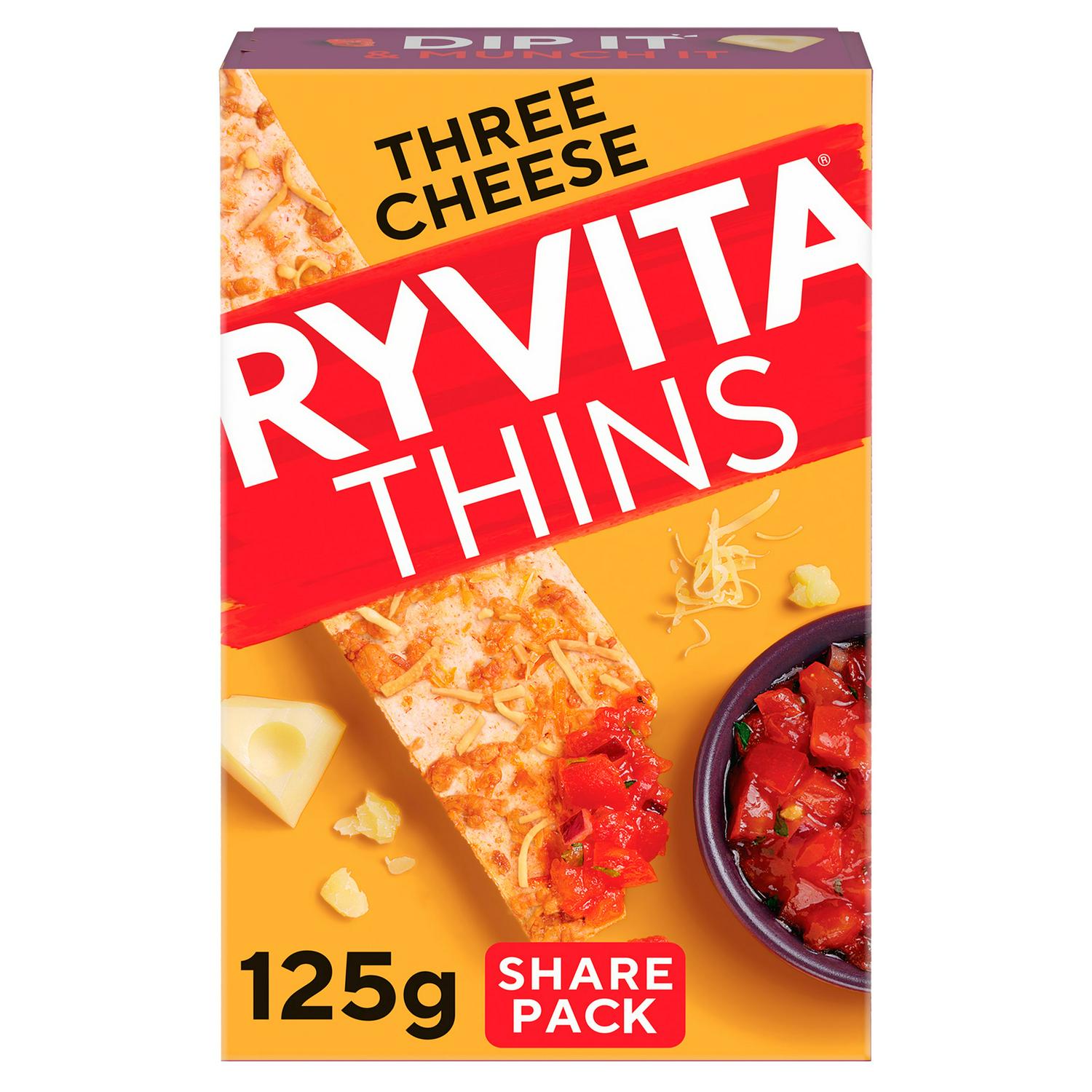 Ryvita Thins Three Cheese Flatbread Crackers 125g, imported from the UK