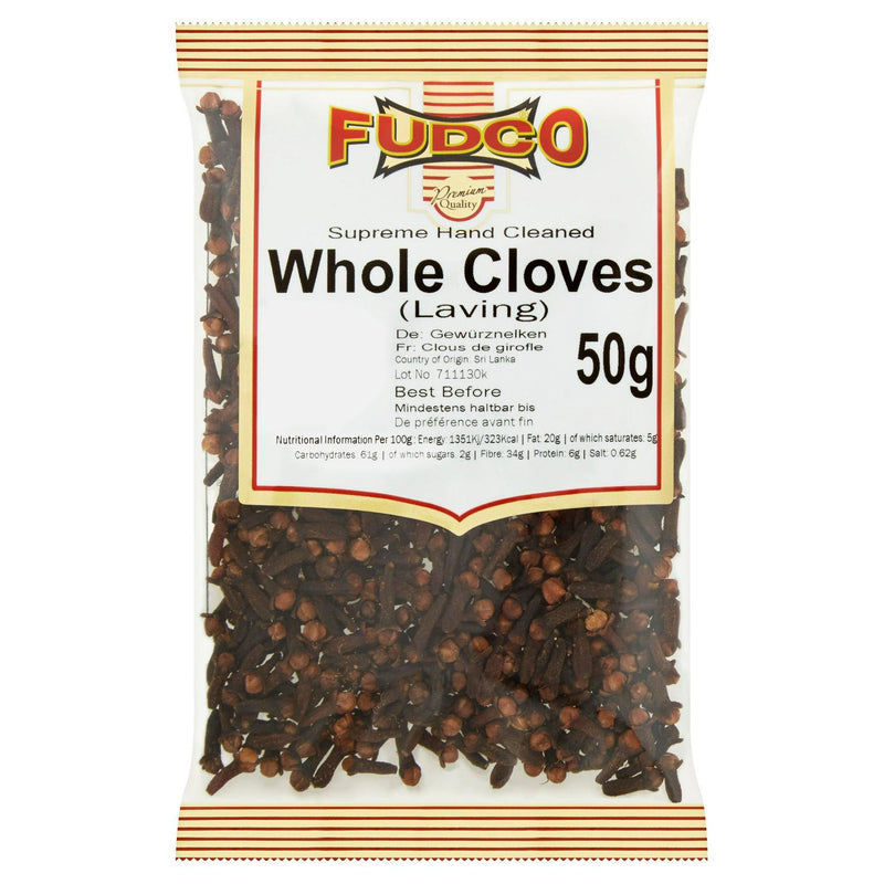Fudco premium whole cloves 50g sachet packaging - British product