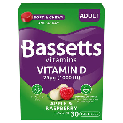 Sainsburys Bassetts Vitamins Vitamin D Eple & Bringebær Pastiller Voksen x30 - Kjøp online hos McGrocer