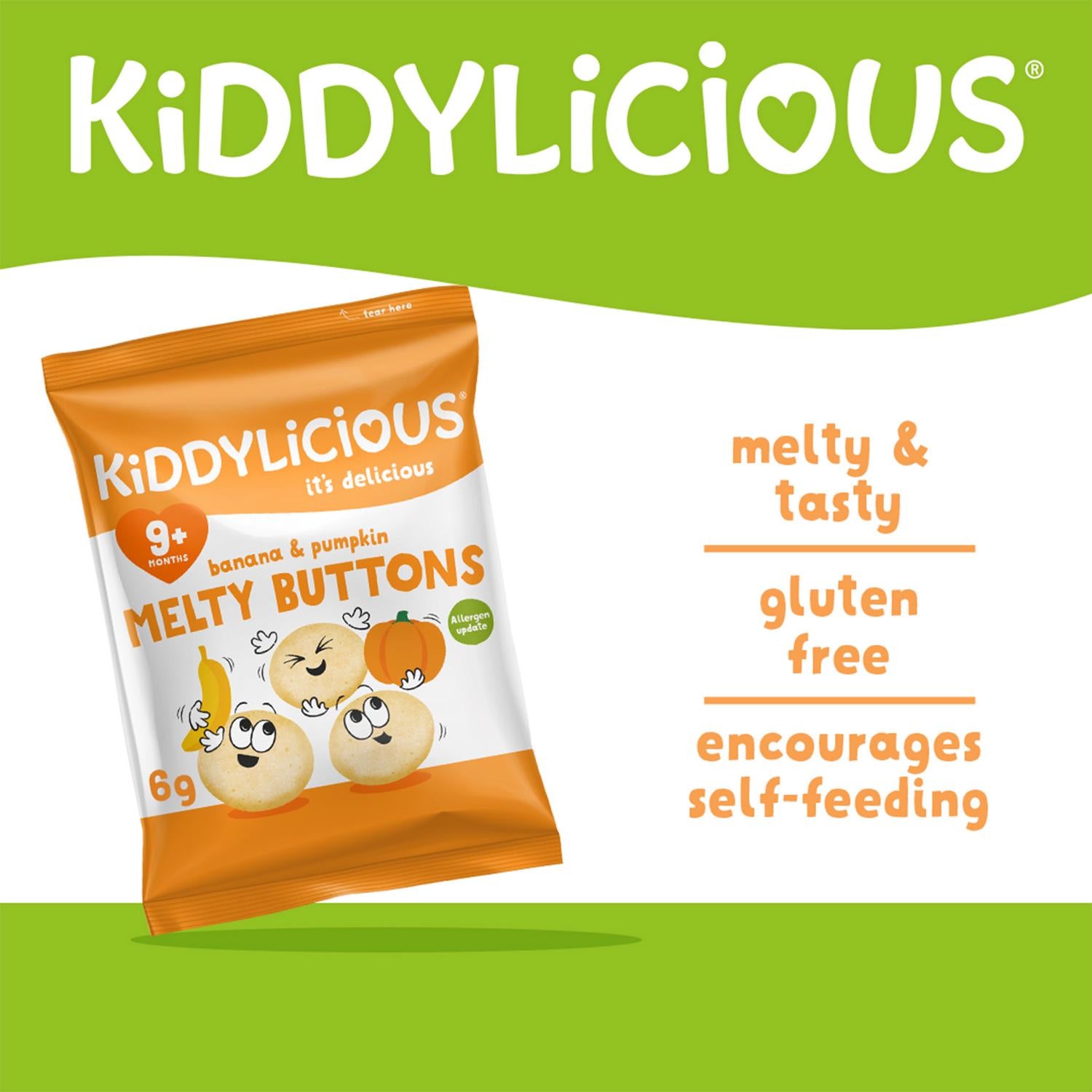 Kiddylicious melty buttons banana pumpkin 6g, imported from the UK