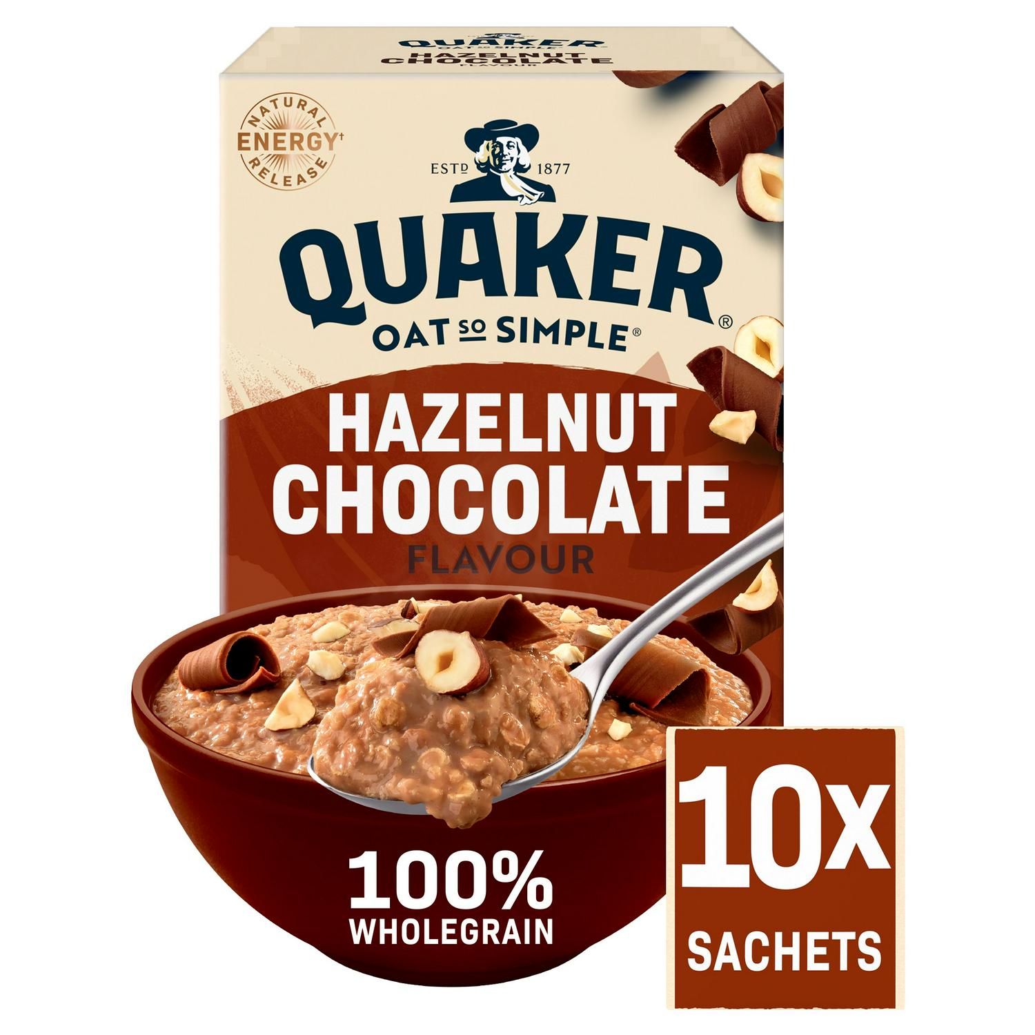 Quaker Hazelnut Chocolate Porridge Sachets 10x36g, imported from the UK
