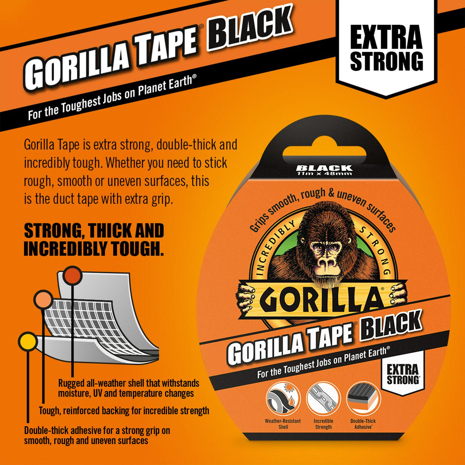 Gorilla Tape strong black adhesive 11m roll, UK version