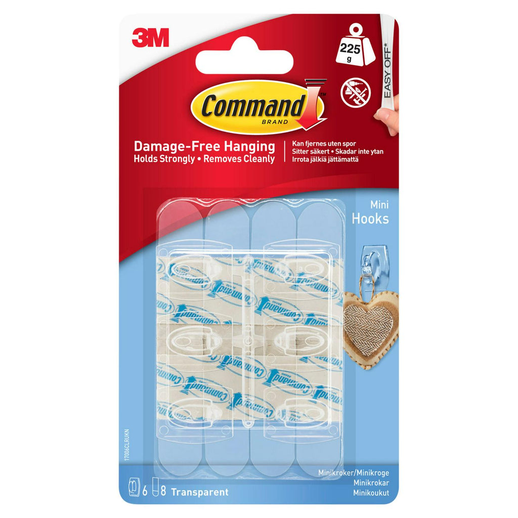 Command Mini Hook Clear Strips 6 Hooks & 8 Small Strips - 225g