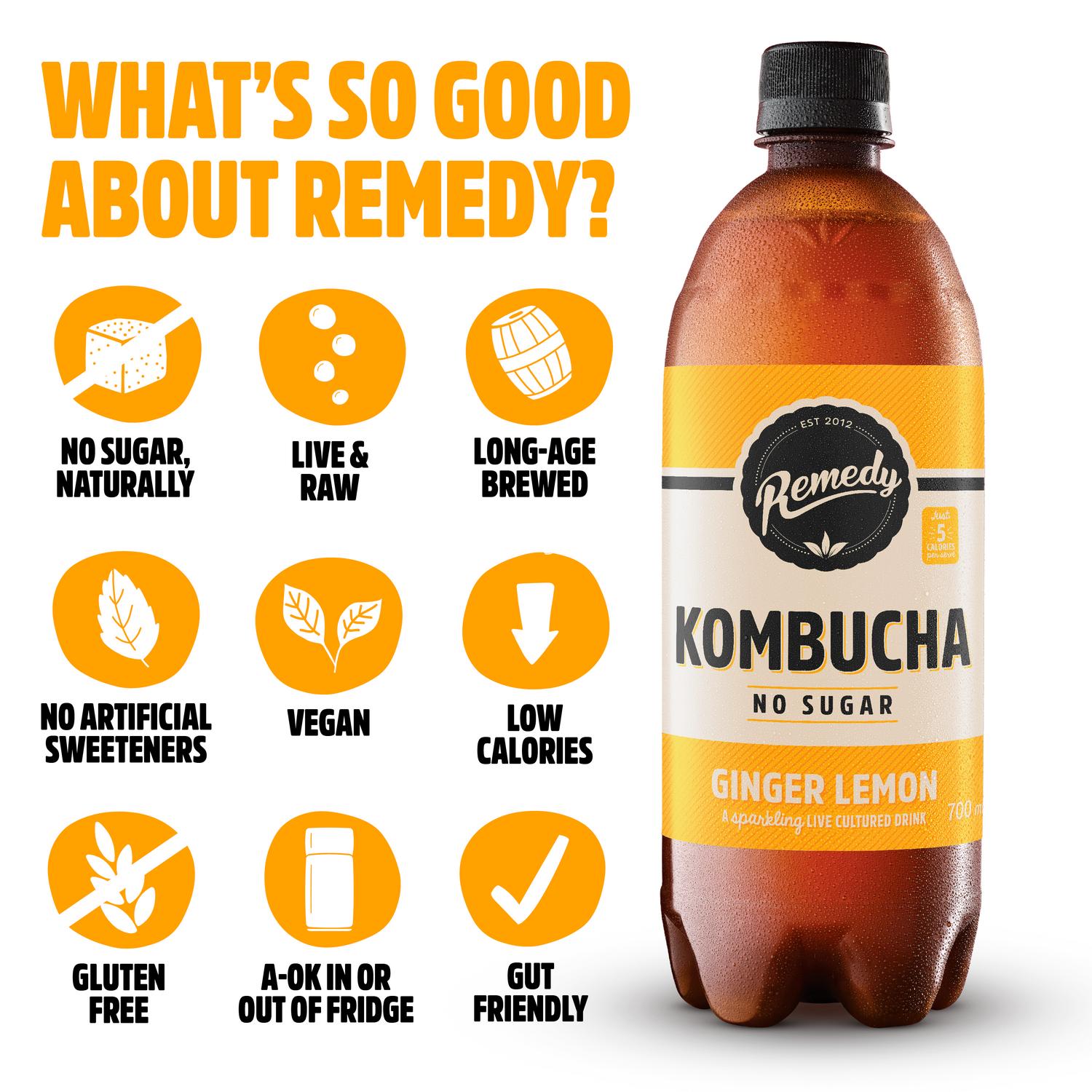 Remedy Ginger Lemon Kombucha 1L, imported from the UK