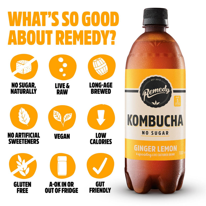 Remedy Ginger Lemon Kombucha 1L, imported from the UK