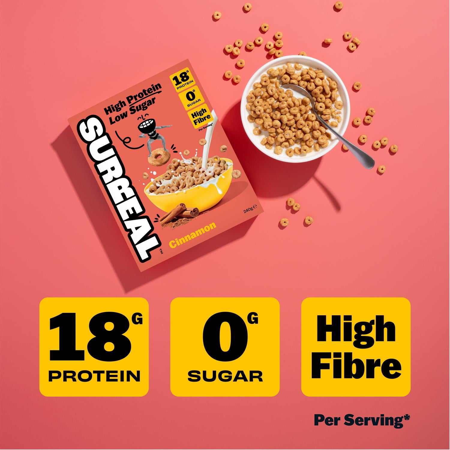 Surreal cinnamon high protein cereal 240g, imported from the UK