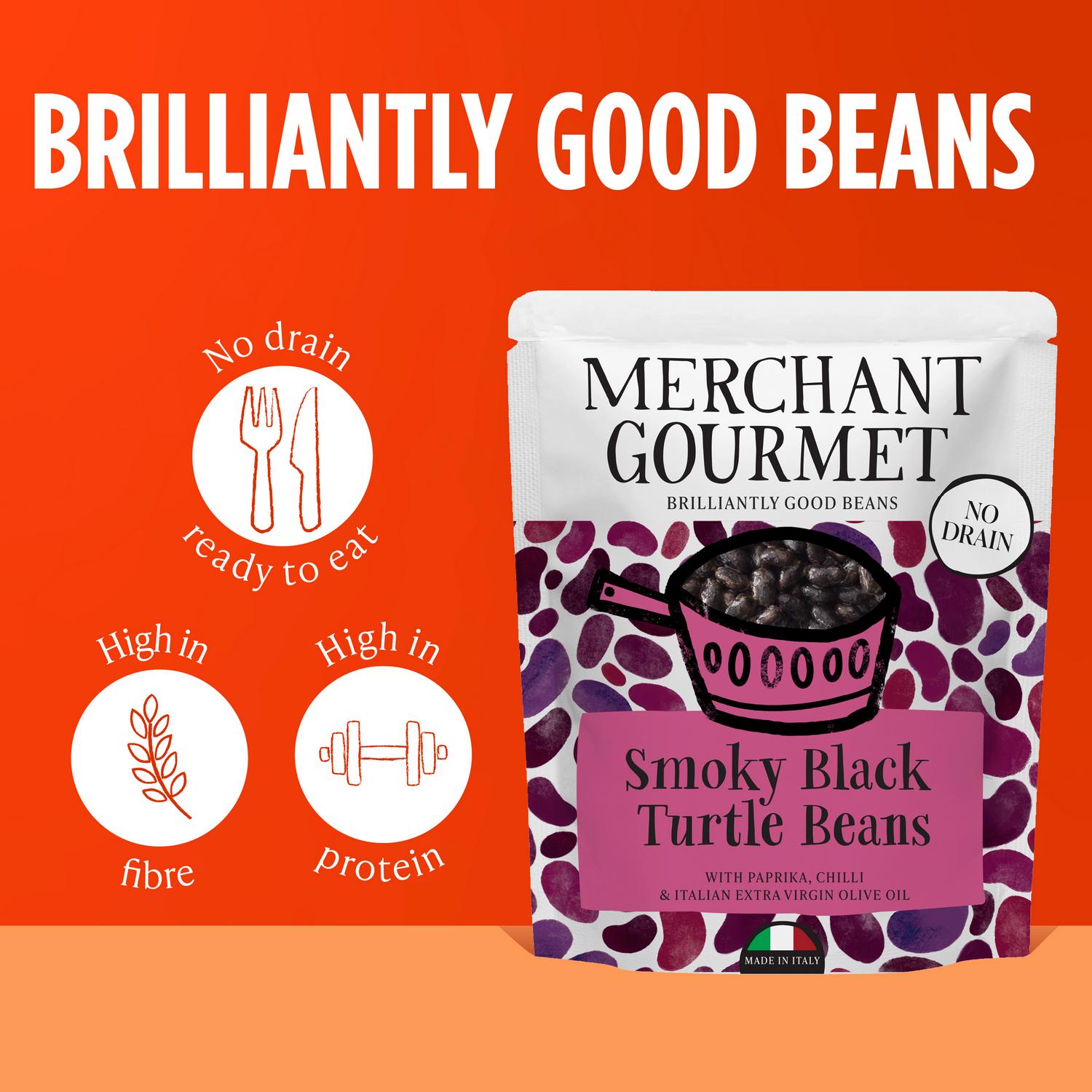 Merchant Gourmet Smoky Black Turtle Beans 240g, imported from the UK