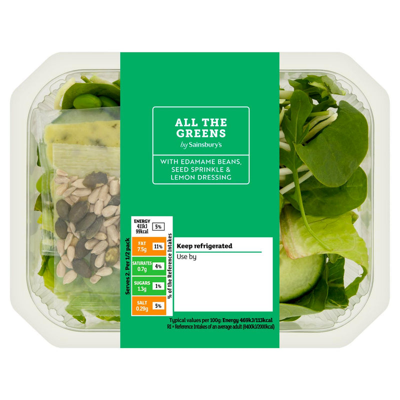 Mixed Green Salad Bowl with Edamame Beans, Seeds and Lemon Dressing 175g
