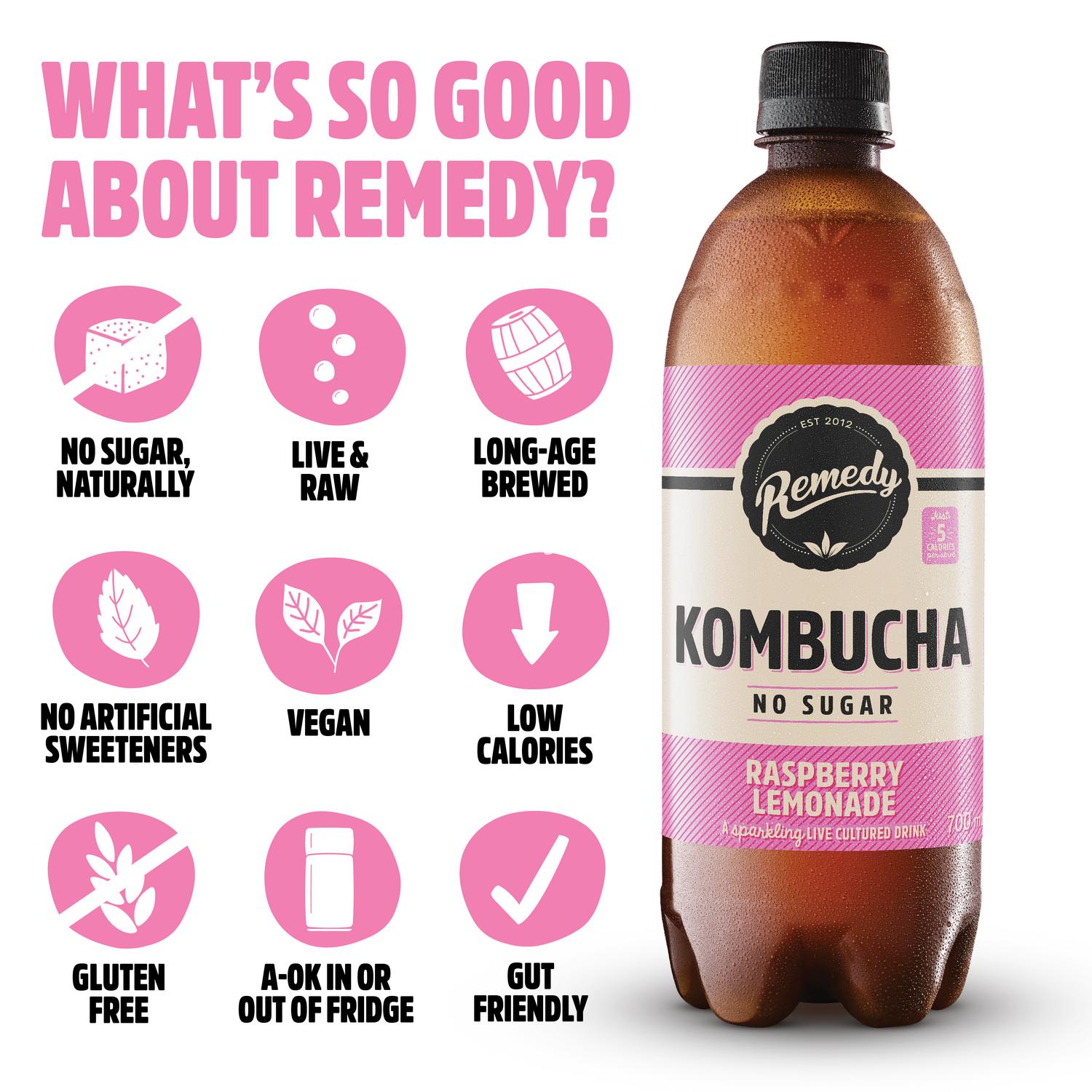 Remedy Kombucha Raspberry Lemonade 700ml, imported from the UK