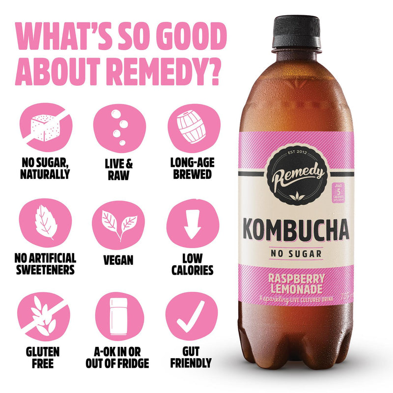 Remedy Kombucha Raspberry Lemonade 700ml, imported from the UK