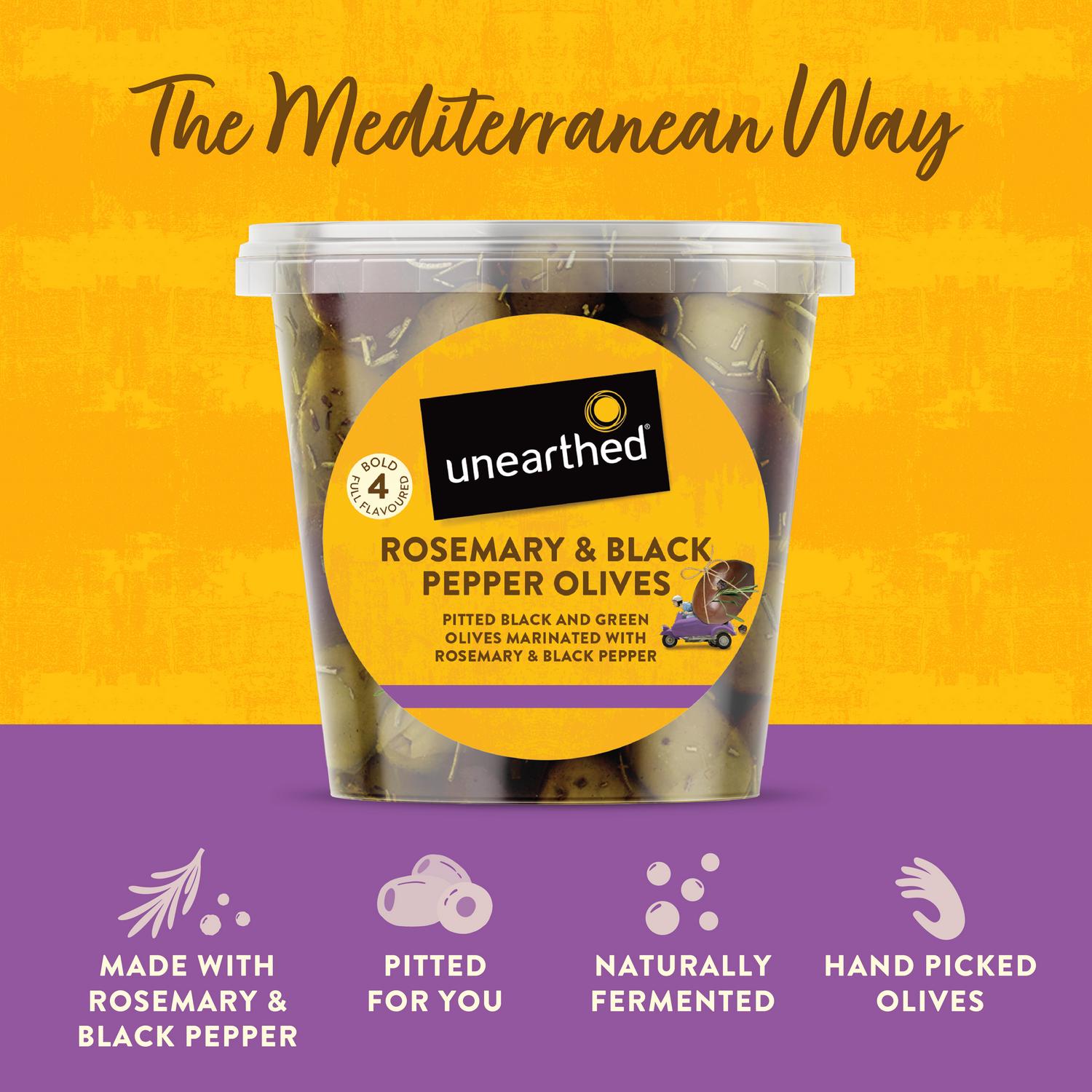 Unearthed rosemary and black pepper olives 342g (British brand)