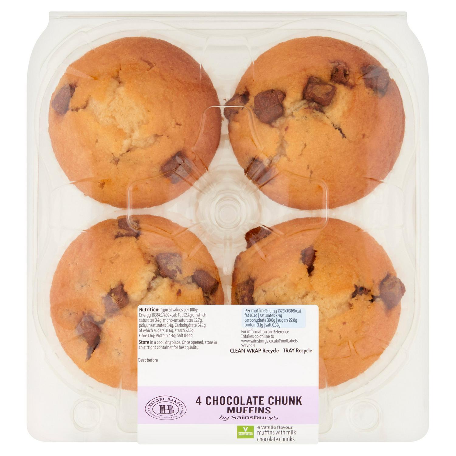 Sainsbury's chocolate chip muffins pack of 4 (British brand)