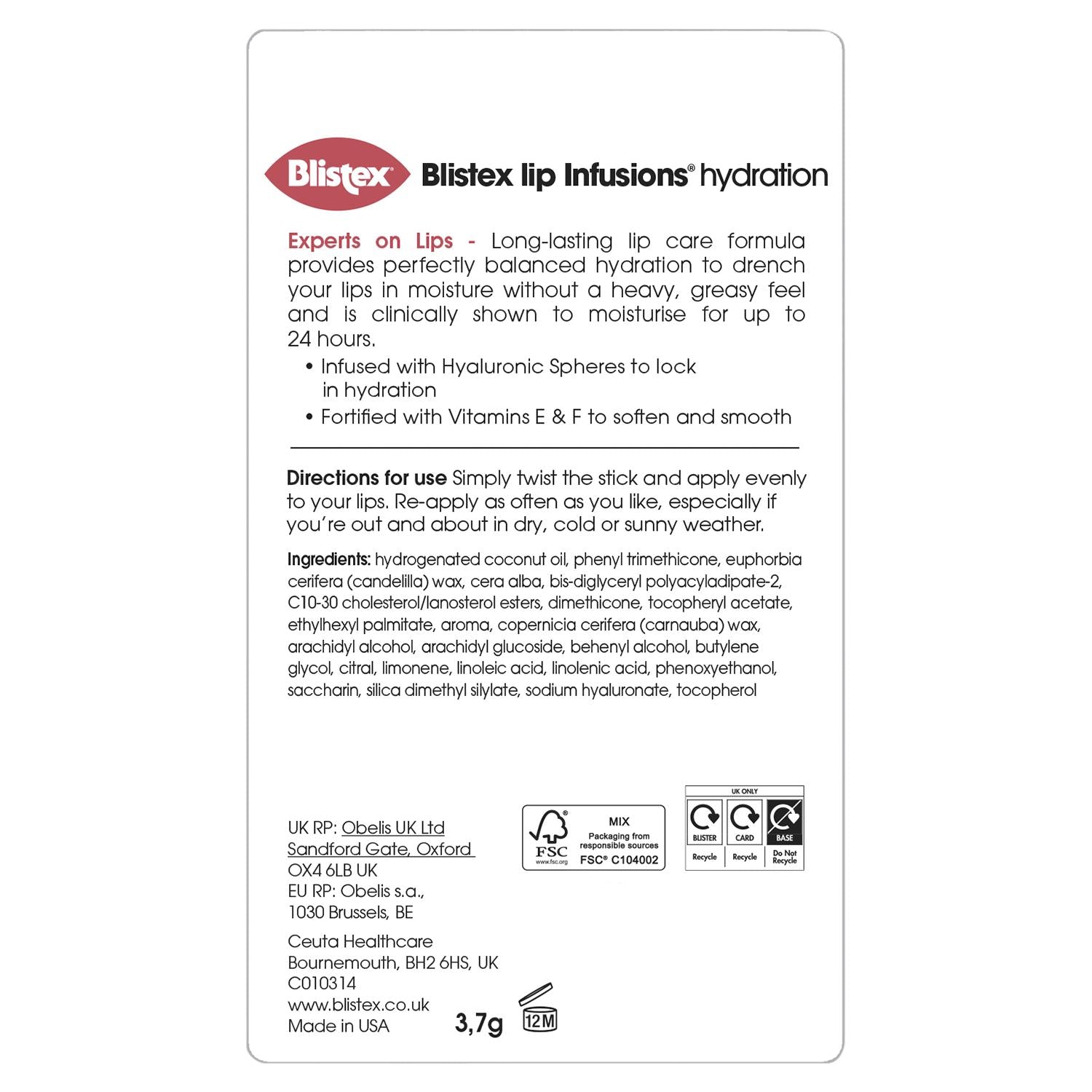 Blistex Lip Infusions Hydration lip balm 3.7g, UK version