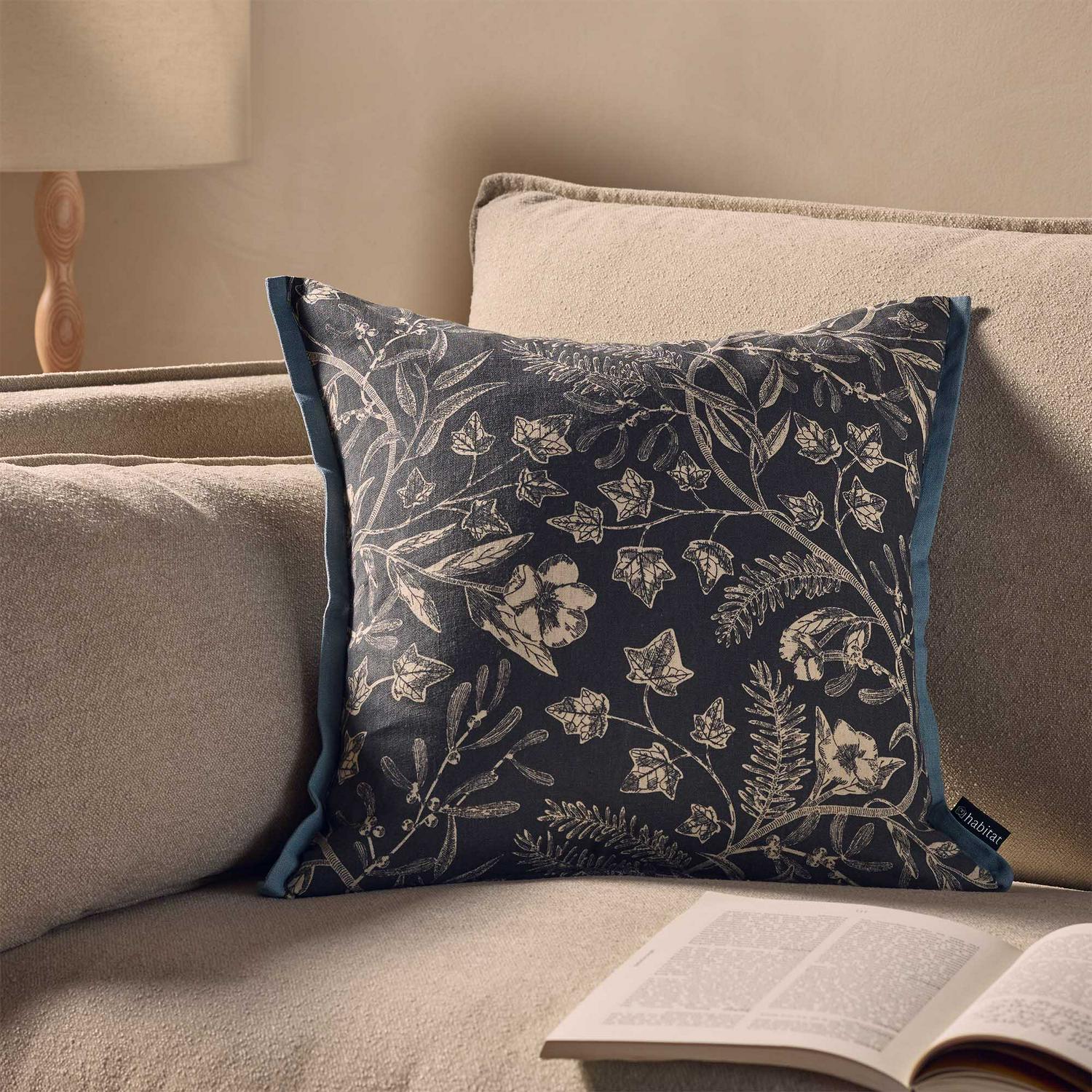 Habitat mono printed winter floral cushion navy 43cm, imported from the UK